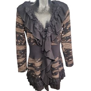 Bali Black and Brown Patterned Lace and Ruffle Trimmed Boho Cardigan Sweater